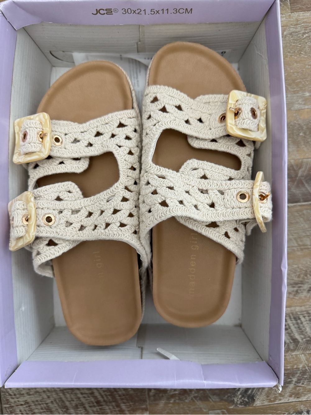Madden Girl Cream Crochet Buckle Slide Sandals